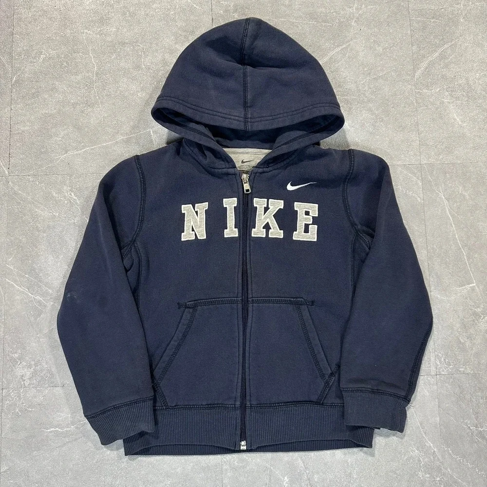 Nike Boys Navy Blue Full Zip Spellout Logo Hooded Sweatshirt Size 7